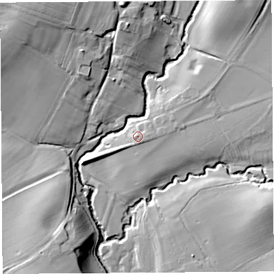 Shaded relief map of the ground around SY83EA, computed from Environment Agency LiDAR. The ground here sits at about 113 m above sea level and falls 23 m across the surrounding 800 m. Surface water reaching this point runs off ground lying to the east-south-east, 1.2 m higher.