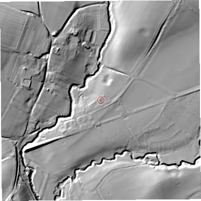 Shaded relief map of the ground around SY83EB, computed from Environment Agency LiDAR. The ground here sits at about 114 m above sea level and falls 23 m across the surrounding 800 m. Surface water reaching this point runs off ground lying to the north-east, 3.2 m higher.