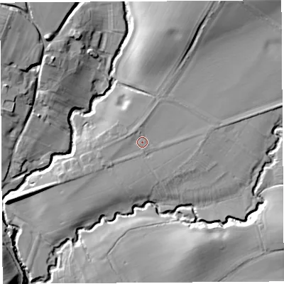 Shaded relief map of the ground around SY83ED, computed from Environment Agency LiDAR. The ground here sits at about 114 m above sea level and falls 23 m across the surrounding 800 m. Surface water reaching this point runs off ground lying to the north-north-east, 11.6 m higher.