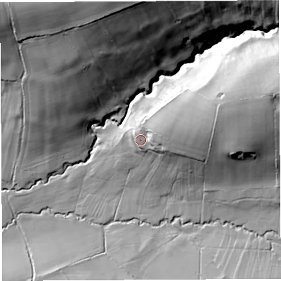 Shaded relief map of the ground around SY83EJ, computed from Environment Agency LiDAR. The ground here sits at about 189 m above sea level and falls 57 m across the surrounding 800 m. Surface water reaching this point runs off ground lying to the east-north-east, 18.5 m higher.