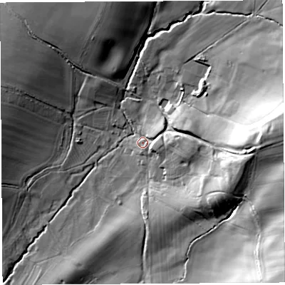 Shaded relief map of the ground around SY83EZ, computed from Environment Agency LiDAR. The ground here sits at about 135 m above sea level and falls 48 m across the surrounding 800 m. Surface water reaching this point runs off ground lying to the east, 12.8 m higher.