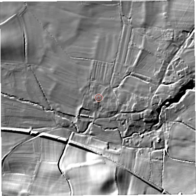 Shaded relief map of the ground around SY83HF, computed from Environment Agency LiDAR. The ground here sits at about 147 m above sea level and falls 38 m across the surrounding 800 m. Surface water reaching this point runs off ground lying to the east-south-east, 7.4 m higher.