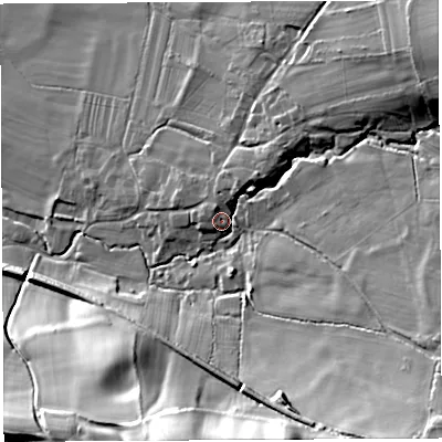 Shaded relief map of the ground around SY83HJ, computed from Environment Agency LiDAR. The ground here sits at about 154 m above sea level and falls 46 m across the surrounding 800 m. Surface water reaching this point runs off ground lying to the north-east, 23.9 m higher.