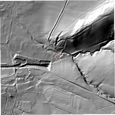 Shaded relief map of the ground around SY83HP, computed from Environment Agency LiDAR. The ground here sits at about 215 m above sea level and falls 97 m across the surrounding 800 m. Surface water reaching this point runs off ground lying to the south-east, 40.1 m higher.