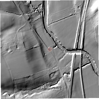 Shaded relief map of the ground around SY84AD, computed from Environment Agency LiDAR. The ground here sits at about 73 m above sea level and falls 29 m across the surrounding 800 m. Surface water reaching this point runs off ground lying to the west-south-west, 22.2 m higher.