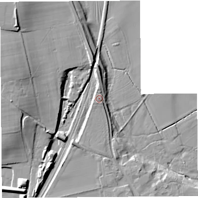 Shaded relief map of the ground around SY84AH, computed from Environment Agency LiDAR. The ground here sits at about 74 m above sea level and falls 19 m across the surrounding 800 m. Surface water reaching this point runs off ground lying to the north, 1.9 m higher.