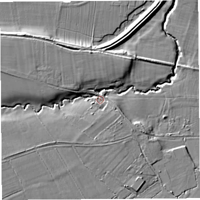 Shaded relief map of the ground around SY84AR, computed from Environment Agency LiDAR. The ground here sits at about 66 m above sea level and falls 12 m across the surrounding 800 m. Surface water reaching this point runs off ground lying to the west-north-west, 7.0 m higher.