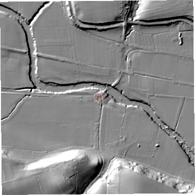 Shaded relief map of the ground around SY84AT, computed from Environment Agency LiDAR. The ground here sits at about 62 m above sea level and falls 26 m across the surrounding 800 m. Surface water reaching this point runs off ground lying to the south-south-west, 20.2 m higher.