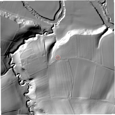 Shaded relief map of the ground around SY84AU, computed from Environment Agency LiDAR. The ground here sits at about 79 m above sea level and falls 47 m across the surrounding 800 m. Surface water reaching this point runs off ground lying to the south-south-east, 13.2 m higher.