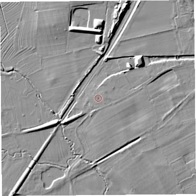 Shaded relief map of the ground around SY84AW, computed from Environment Agency LiDAR. The ground here sits at about 74 m above sea level and falls 10 m across the surrounding 800 m. Surface water reaching this point runs off ground lying to the east-north-east, 0.7 m higher.