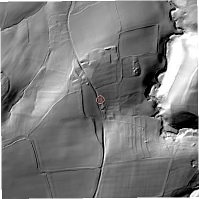 Shaded relief map of the ground around SY84BA, computed from Environment Agency LiDAR. The ground here sits at about 99 m above sea level and falls 72 m across the surrounding 800 m. Surface water reaching this point runs off ground lying to the west-south-west, 36.8 m higher.