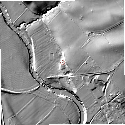 Shaded relief map of the ground around SY84BT, computed from Environment Agency LiDAR. The ground here sits at about 74 m above sea level and falls 24 m across the surrounding 800 m. Surface water reaching this point runs off ground lying to the east-north-east, 15.0 m higher.