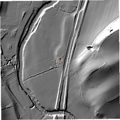 Shaded relief map of the ground around SY84BU, computed from Environment Agency LiDAR. The ground here sits at about 76 m above sea level and falls 52 m across the surrounding 800 m. Surface water reaching this point runs off ground lying to the north-east, 2.6 m higher.