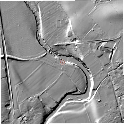 Shaded relief map of the ground around SY84DH, computed from Environment Agency LiDAR. The ground here sits at about 70 m above sea level and falls 24 m across the surrounding 800 m. Surface water reaching this point runs off ground lying to the west-north-west, 6.6 m higher.