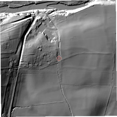 Shaded relief map of the ground around SY84DS, computed from Environment Agency LiDAR. The ground here sits at about 96 m above sea level and falls 42 m across the surrounding 800 m. Surface water reaching this point runs off ground lying to the west-north-west, 8.9 m higher.