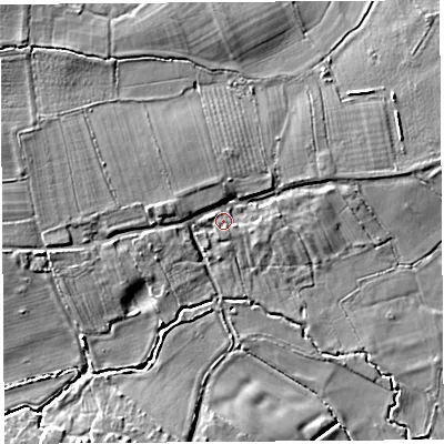 Shaded relief map of the ground around SY84HE, computed from Environment Agency LiDAR. The ground here sits at about 81 m above sea level and falls 10 m across the surrounding 800 m. Surface water reaching this point runs off ground lying to the west-north-west, 5.5 m higher.