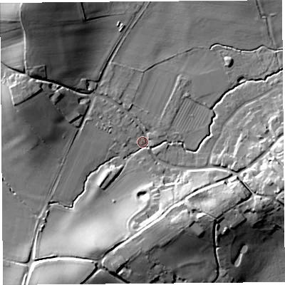 Shaded relief map of the ground around SY84HW, computed from Environment Agency LiDAR. The ground here sits at about 88 m above sea level and falls 28 m across the surrounding 800 m. Surface water reaching this point runs off ground lying to the north-west, 18.0 m higher.