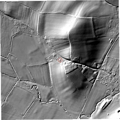 Shaded relief map of the ground around SY84JE, computed from Environment Agency LiDAR. The ground here sits at about 99 m above sea level and falls 24 m across the surrounding 800 m. Surface water reaching this point runs off ground lying to the east-north-east, 6.0 m higher.