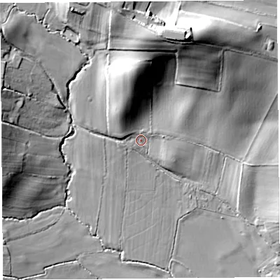 Shaded relief map of the ground around SY84JF, computed from Environment Agency LiDAR. The ground here sits at about 106 m above sea level and falls 33 m across the surrounding 800 m. Surface water reaching this point runs off ground lying to the north, 15.2 m higher.