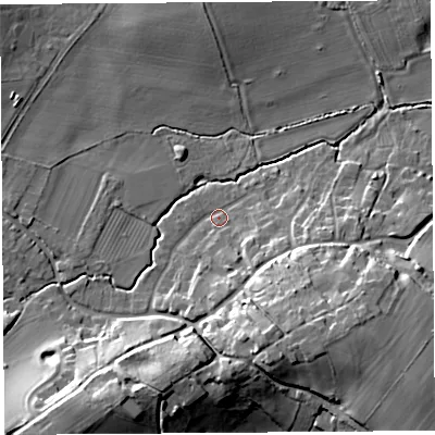 Shaded relief map of the ground around SY84JW, computed from Environment Agency LiDAR. The ground here sits at about 87 m above sea level and falls 21 m across the surrounding 800 m. Surface water reaching this point runs off ground lying to the south-east, 13.7 m higher.