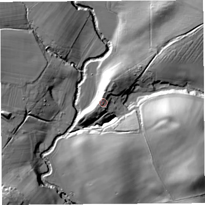 Shaded relief map of the ground around SY84JX, computed from Environment Agency LiDAR. The ground here sits at about 104 m above sea level and falls 36 m across the surrounding 800 m. Surface water reaching this point runs off ground lying to the north-north-east, 6.8 m higher.