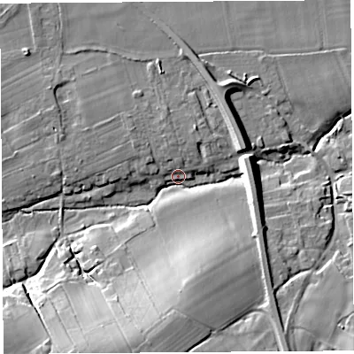 Shaded relief map of the ground around SY84LB, computed from Environment Agency LiDAR. The ground here sits at about 71 m above sea level and falls 20 m across the surrounding 800 m. Surface water reaching this point runs off ground lying to the south-south-west, 18.8 m higher.