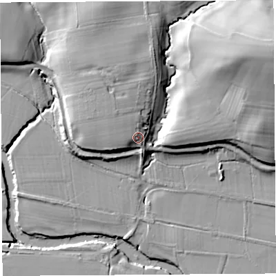 Shaded relief map of the ground around SY84LJ, computed from Environment Agency LiDAR. The ground here sits at about 72 m above sea level and falls 32 m across the surrounding 800 m. Surface water reaching this point runs off ground lying to the west-north-west, 3.6 m higher.