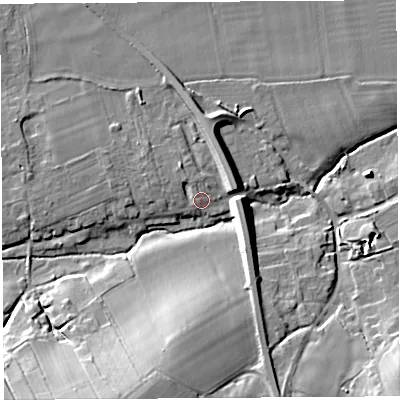 Shaded relief map of the ground around SY84NH, computed from Environment Agency LiDAR. The ground here sits at about 72 m above sea level and falls 19 m across the surrounding 800 m. Surface water reaching this point runs off ground lying to the north-north-west, 2.7 m higher.
