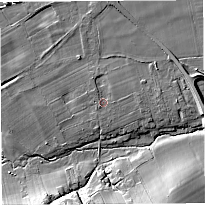Shaded relief map of the ground around SY84NL, computed from Environment Agency LiDAR. The ground here sits at about 74 m above sea level and falls 15 m across the surrounding 800 m. Surface water reaching this point runs off ground lying to the west-south-west, 1.1 m higher.