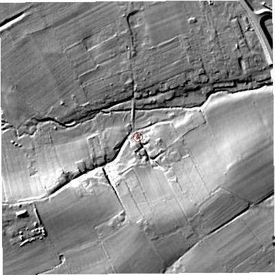 Shaded relief map of the ground around SY84NN, computed from Environment Agency LiDAR. The ground here sits at about 71 m above sea level and falls 20 m across the surrounding 800 m. Surface water reaching this point runs off ground lying to the south, 18.0 m higher.