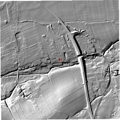 Shaded relief map of the ground around SY84NQ, computed from Environment Agency LiDAR. The ground here sits at about 72 m above sea level and falls 19 m across the surrounding 800 m. Surface water reaching this point runs off ground lying to the north-north-west, 2.6 m higher.
