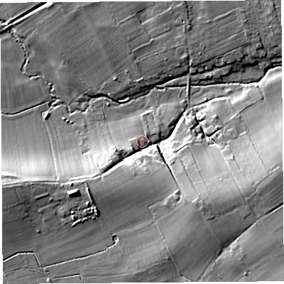 Shaded relief map of the ground around SY84NW, computed from Environment Agency LiDAR. The ground here sits at about 74 m above sea level and falls 20 m across the surrounding 800 m. Surface water reaching this point runs off ground lying to the south, 11.9 m higher.
