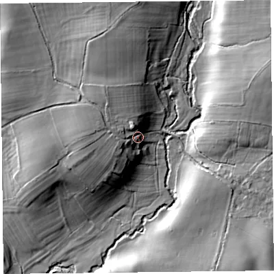 Shaded relief map of the ground around SY95EB, computed from Environment Agency LiDAR. The ground here sits at about 192 m above sea level and falls 25 m across the surrounding 800 m. Surface water reaching this point runs off ground lying to the north-west, 8.5 m higher.