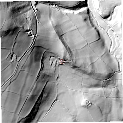 Shaded relief map of the ground around SY95EG, computed from Environment Agency LiDAR. The ground here sits at about 265 m above sea level and falls 154 m across the surrounding 800 m. Surface water reaching this point runs off ground lying to the north-north-west, 22.4 m higher.