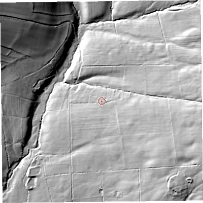 Shaded relief map of the ground around SY95EH, computed from Environment Agency LiDAR. The ground here sits at about 250 m above sea level and falls 54 m across the surrounding 800 m. Surface water reaching this point runs off ground lying to the east, 12.4 m higher.