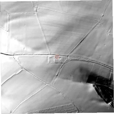 Shaded relief map of the ground around SY95EX, computed from Environment Agency LiDAR. The ground here sits at about 280 m above sea level and falls 80 m across the surrounding 800 m. Surface water reaching this point runs off ground lying to the north-east, 28.0 m higher.