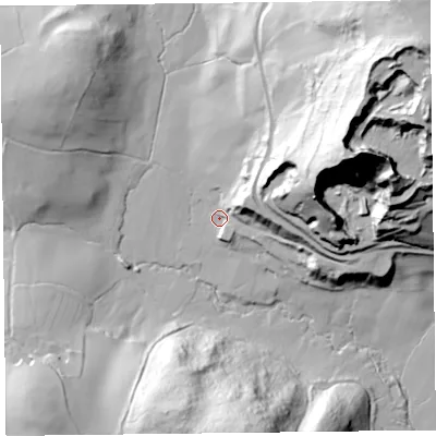 Shaded relief map of the ground around SY95GB, computed from Environment Agency LiDAR. The ground here sits at about 203 m above sea level and falls 105 m across the surrounding 800 m. Surface water reaching this point runs off ground lying to the east-north-east, 20.6 m higher.