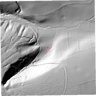 Shaded relief map of the ground around SY95LN, computed from Environment Agency LiDAR. The ground here sits at about 204 m above sea level and falls 156 m across the surrounding 800 m. Surface water reaching this point runs off ground lying to the south-west, 136.6 m higher.
