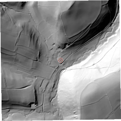 Shaded relief map of the ground around SY95LQ, computed from Environment Agency LiDAR. The ground here sits at about 260 m above sea level and falls 114 m across the surrounding 800 m. Surface water reaching this point runs off ground lying to the north-north-east, 82.3 m higher.