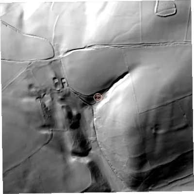 Shaded relief map of the ground around SY95LU, computed from Environment Agency LiDAR. The ground here sits at about 343 m above sea level and falls 118 m across the surrounding 800 m. Surface water reaching this point runs off ground lying to the north-east, 66.4 m higher.