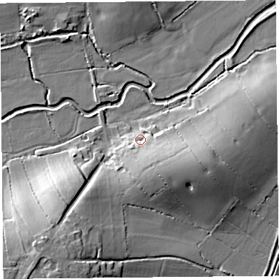 Shaded relief map of the ground around TA100AJ, computed from Environment Agency LiDAR. The ground here sits at about 12 m above sea level and falls 19 m across the surrounding 800 m. Surface water reaching this point runs off ground lying to the south-south-east, 8.6 m higher.