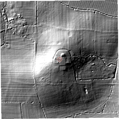 Shaded relief map of the ground around TA100AX, computed from Environment Agency LiDAR. The ground here sits at about 26 m above sea level and falls 19 m across the surrounding 800 m. Surface water reaching this point runs off ground lying to the south-south-west, 0.9 m higher.