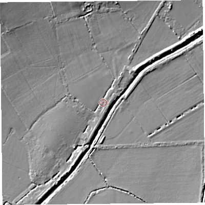Shaded relief map of the ground around TA100BH, computed from Environment Agency LiDAR. The ground here sits at about 9 m above sea level and falls 12 m across the surrounding 800 m. Surface water reaching this point runs off ground lying to the south-south-west, 3.8 m higher.