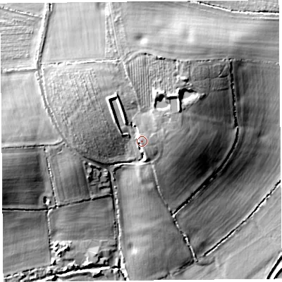 Shaded relief map of the ground around TA100BP, computed from Environment Agency LiDAR. The ground here sits at about 25 m above sea level and falls 22 m across the surrounding 800 m. Surface water reaching this point runs off ground lying to the north-east, 2.2 m higher.