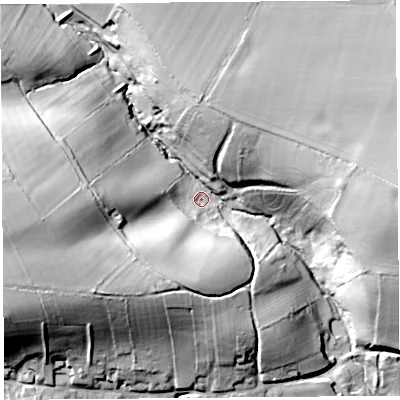 Shaded relief map of the ground around TA100DA, computed from Environment Agency LiDAR. The ground here sits at about 32 m above sea level and falls 40 m across the surrounding 800 m. Surface water reaching this point runs off ground lying to the west, 33.8 m higher.