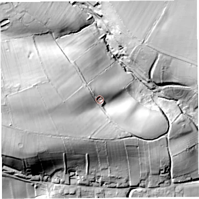 Shaded relief map of the ground around TA100DB, computed from Environment Agency LiDAR. The ground here sits at about 50 m above sea level and falls 47 m across the surrounding 800 m. Surface water reaching this point runs off ground lying to the west, 11.9 m higher.