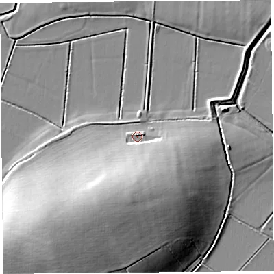 Shaded relief map of the ground around TA100DF, computed from Environment Agency LiDAR. The ground here sits at about 9 m above sea level and falls 15 m across the surrounding 800 m. Surface water reaching this point runs off ground lying to the south, 10.6 m higher.