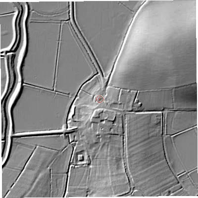 Shaded relief map of the ground around TA100DG, computed from Environment Agency LiDAR. The ground here sits at about 10 m above sea level and falls 14 m across the surrounding 800 m. Surface water reaching this point runs off ground lying to the south-south-east, 4.0 m higher.