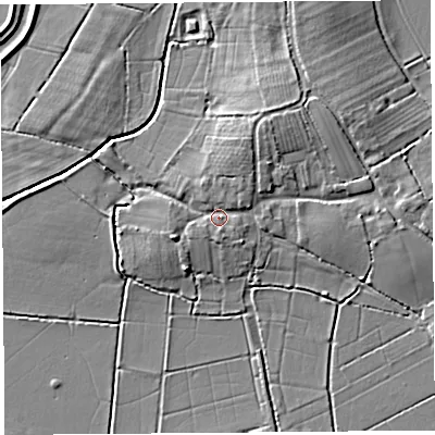 Shaded relief map of the ground around TA100DN, computed from Environment Agency LiDAR. The ground here sits at about 9 m above sea level and falls 7 m across the surrounding 800 m. Surface water reaching this point runs off ground lying to the north-north-east, 1.6 m higher.