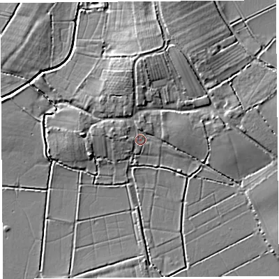 Shaded relief map of the ground around TA100DP, computed from Environment Agency LiDAR. The ground here sits at about 9 m above sea level and falls 7 m across the surrounding 800 m. Surface water reaching this point runs off ground lying to the north, 4.6 m higher.